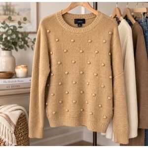 Lumiere Womens M Tan Beige Pom Pom Sweater Crew Neck Long Sleeve Knit Pullover
